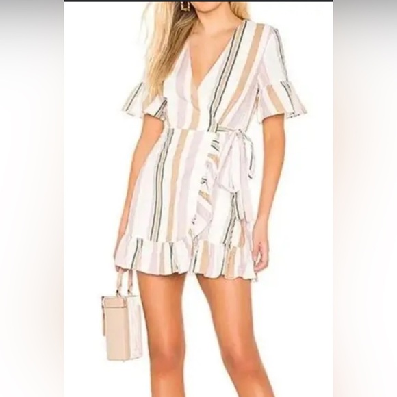 Express Cotton Blend Stripe Ruffle Wrap Dress in Cream Pink Size Medium - Picture 1 of 13